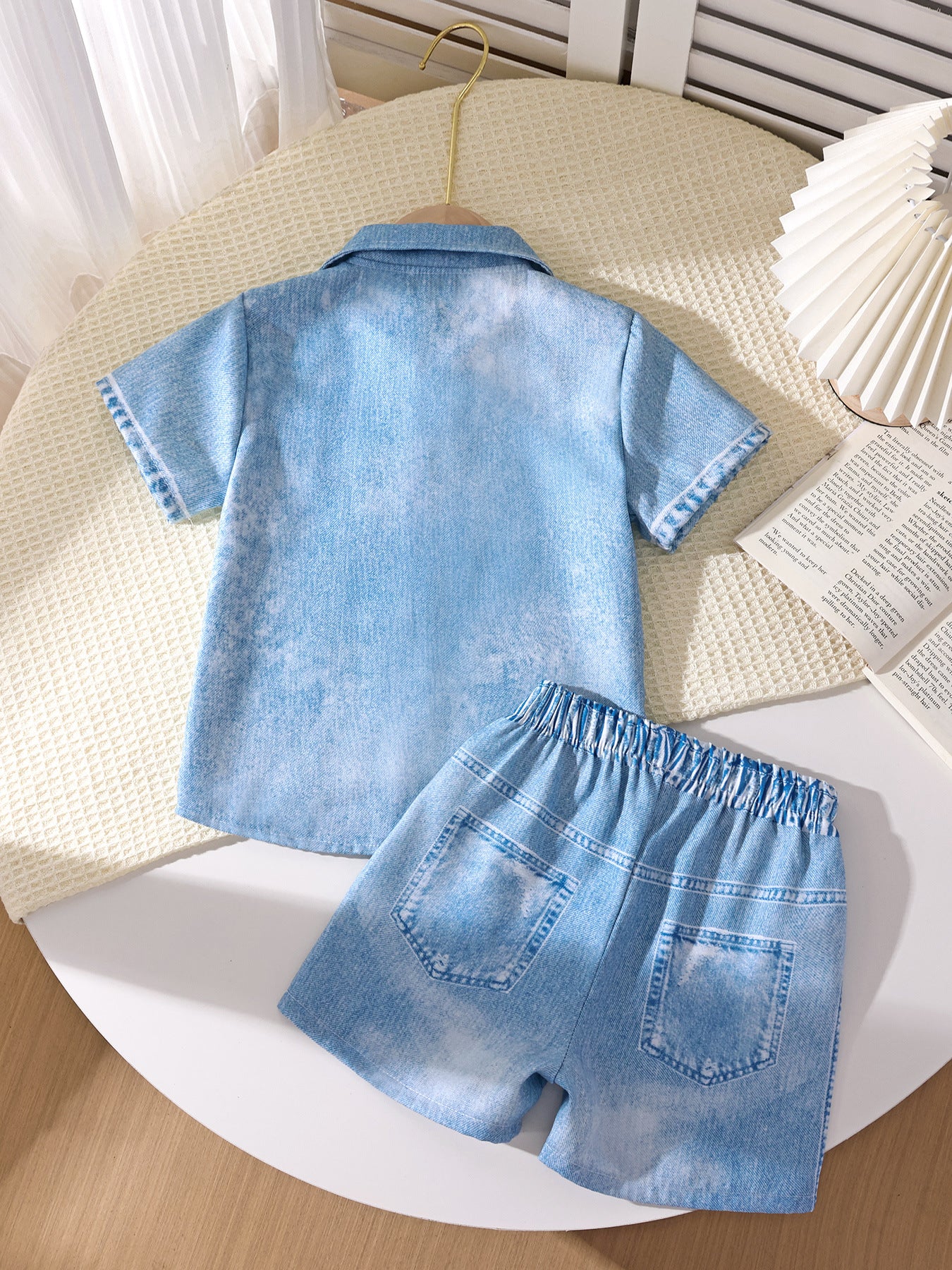 Jeans short-sleeved shirt and shorts set