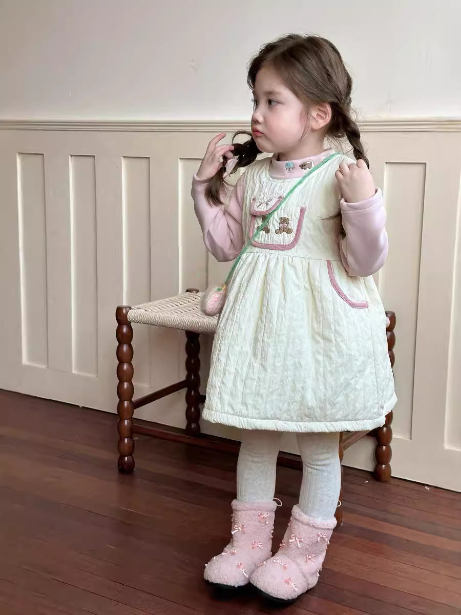 Girls' children's clothing - Korean-style cartoon teddy bear fleece pullover with sleeveless design - versatile and warm base layer shirt