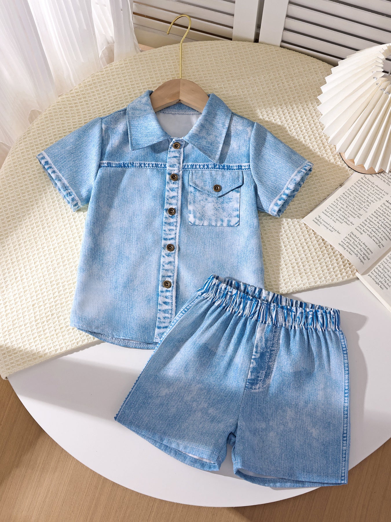 Jeans short-sleeved shirt and shorts set