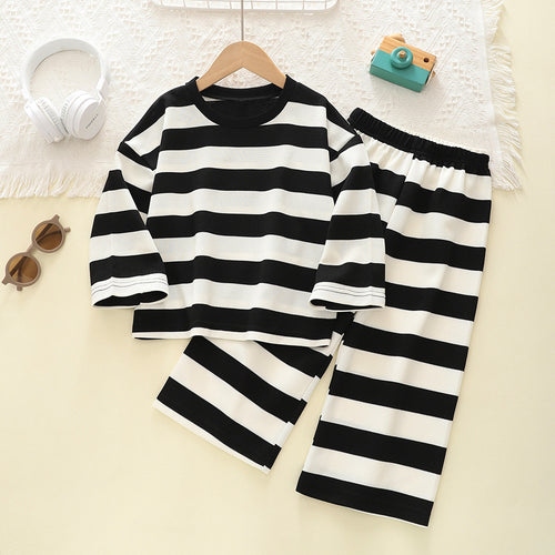 Black and white wide-striped T-shirt and pants set